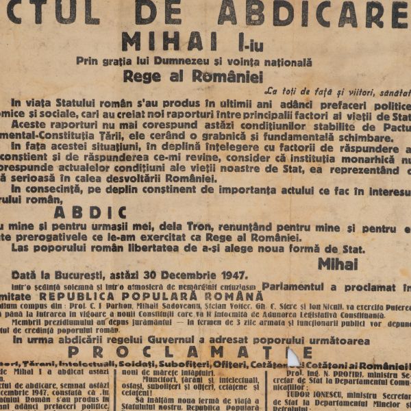 Actul de abdicare al regelui Mihai I, afiș, 1947