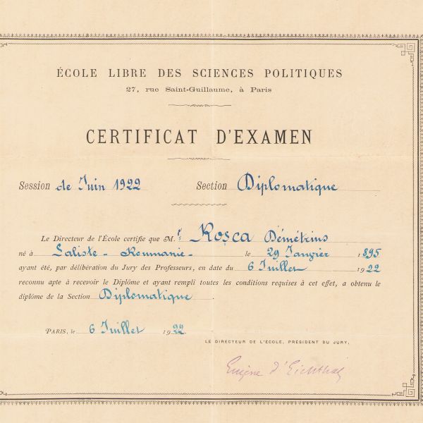 Dumitru D. Roșca, certificat eliberat de École Libre des Sciences Politiques, 1922 