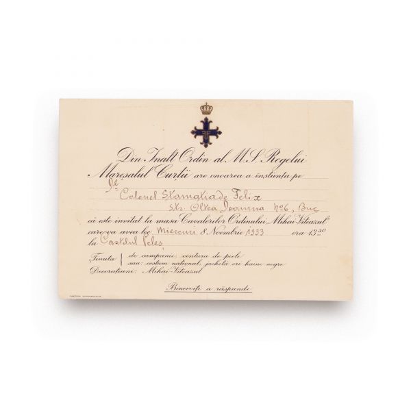 Felix Stamatiade, invitație la masa Cavalerilor Ordinului „Mihai Viteazul” + meniu + program, 8 noiembrie 1933