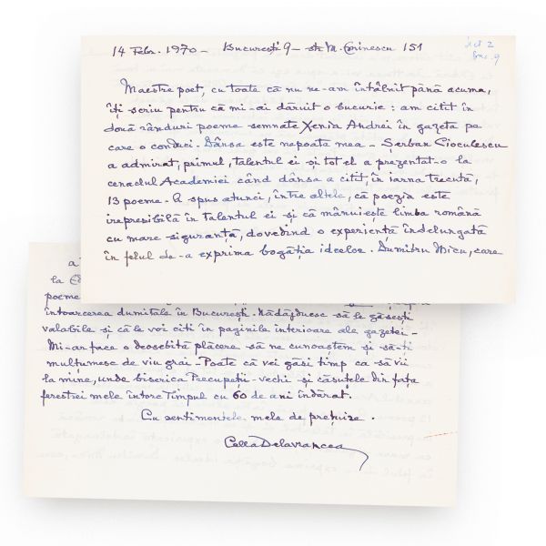 Cella Delavrancea, scrisoare pentru Geo Dumitrescu, 14 februarie 1970