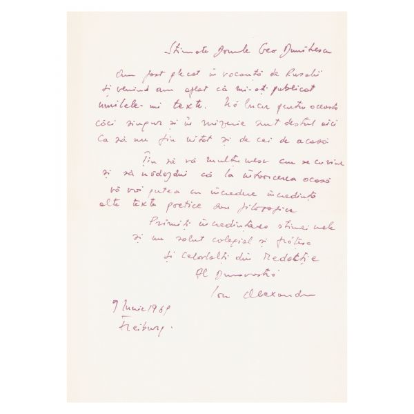 Ion Alexandru, scrisoare pentru Geo Dumitrescu, 9 iunie 1969