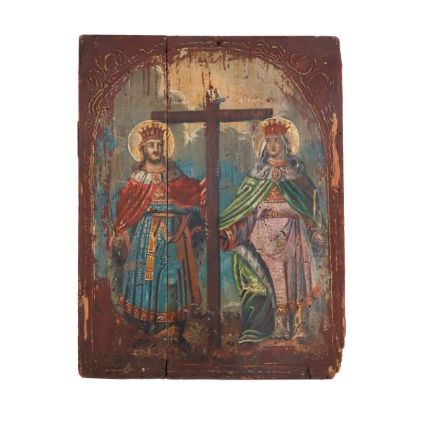 Sfinții Împărați Constantin și Elena, icoană românească, jumătatea sec. XIX, tempera pe lemn