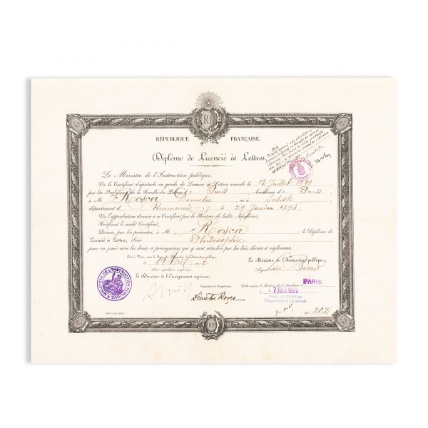 Dumitru D. Roșca, Diplôme de Licencié es Lettres, 1922