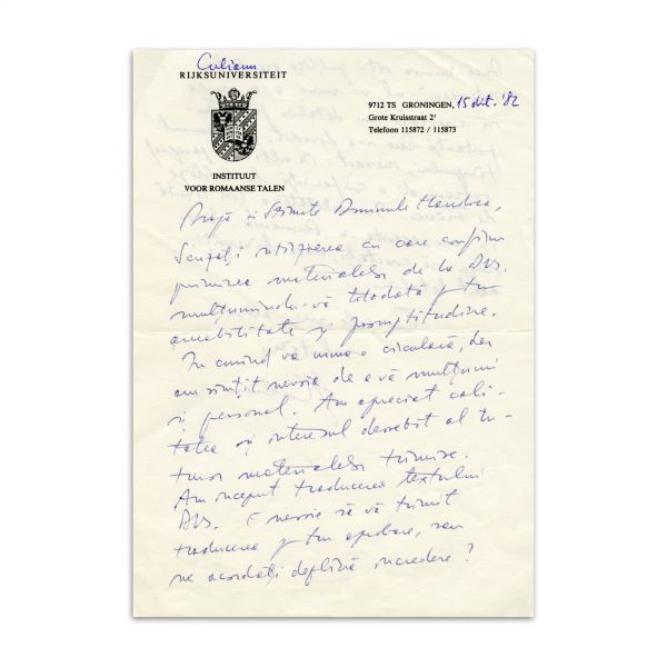 Ioan Petru Culianu, scrisoare către Mircea Handoca, 15 Octombrie 1982