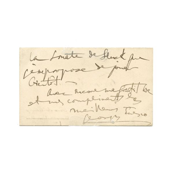 George Enescu, fotografie din timpul unui concert și carte de vizită cu însemnare olografă