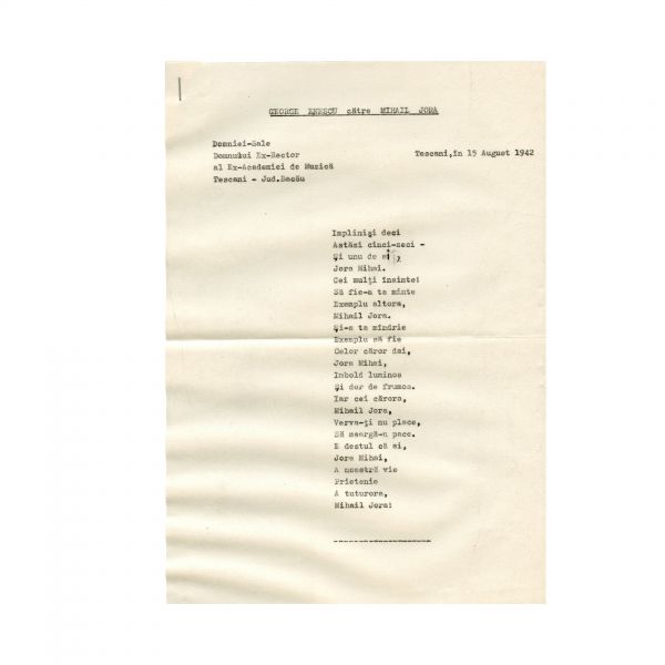 George Enescu, corespondență cu urări compuse pentru Mihail Jora, 1942