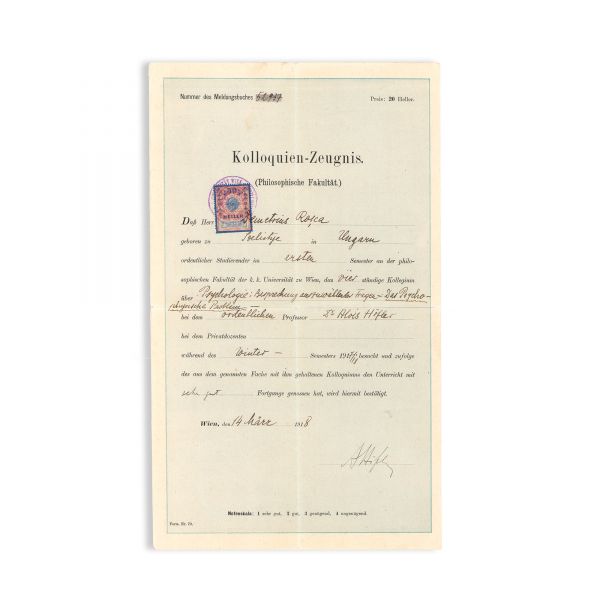 Dumitru D. Roșca, 4 certificate și un registru de evidență eliberate de Universitatea Imperială și Regală din Viena, 1917-1918 