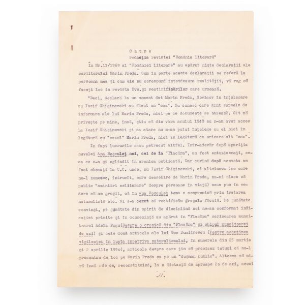 Mihail Novicov, scrisoare și adresă pentru Geo Dumitrescu privind declarațiile lui Marin Preda, 15 martie 1969