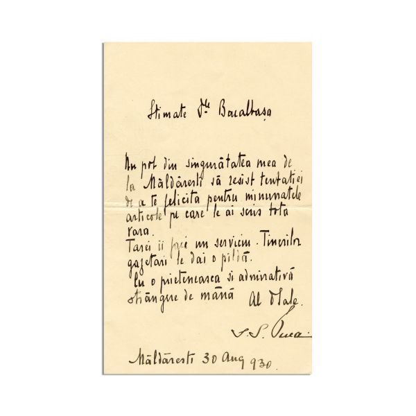 I. G. Duca, scrisoare către C. Bacalbașa, 1930 + cărțile de vizită ale celor doi cu însemnări olografe