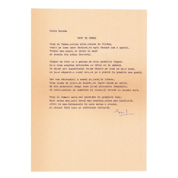 Arh. Grigore Ionescu, carte de vizită + scrisoare adresată lui Geo Dumitrescu + o traducere din Pablo Neruda