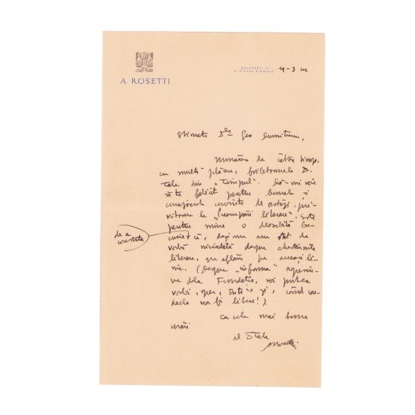 Alexandru Rosetti, trei scrisori + șase cărți de vizită pentru Geo Dumitrescu