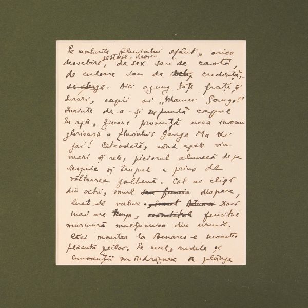 Mircea Eliade, filă manuscris despre credințele legate de fluviul Gange + fotografie