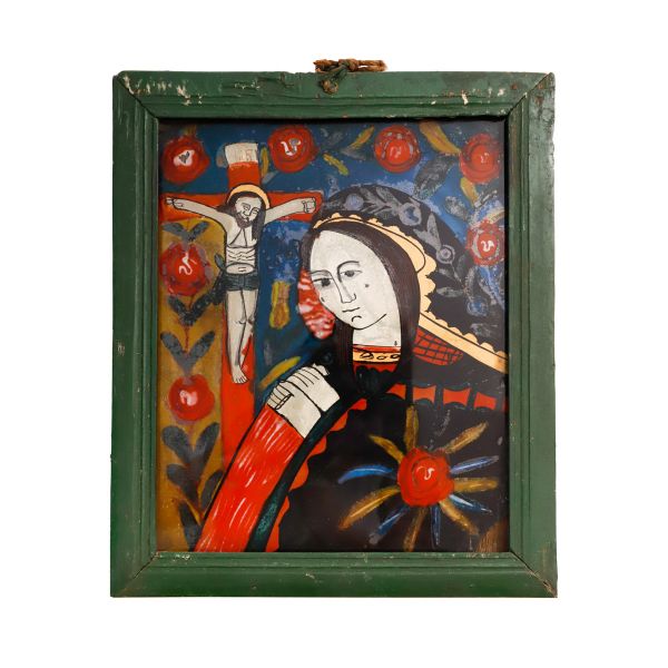 Icoană maramureșeană Răstignirea Mântuitorului, tempera pe sticlă, sec. XIX