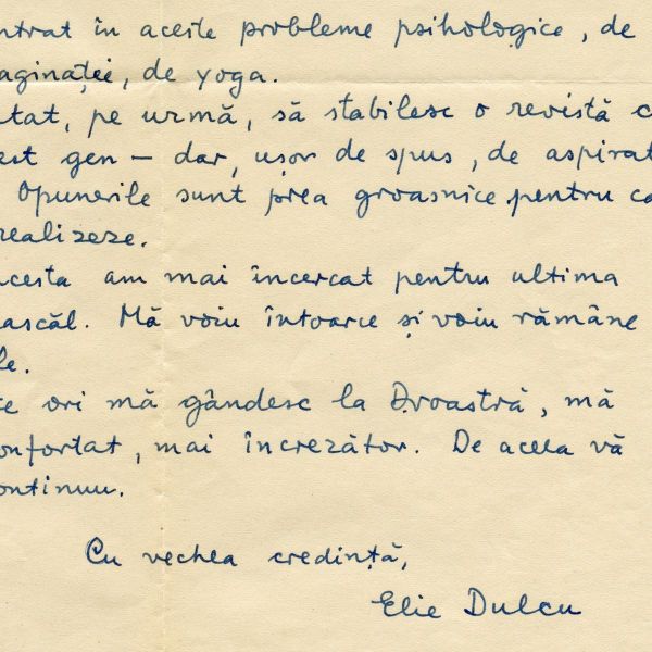 Elie Dulcu, scrisoare pentru Mircea Eliade, 22 martie 1940