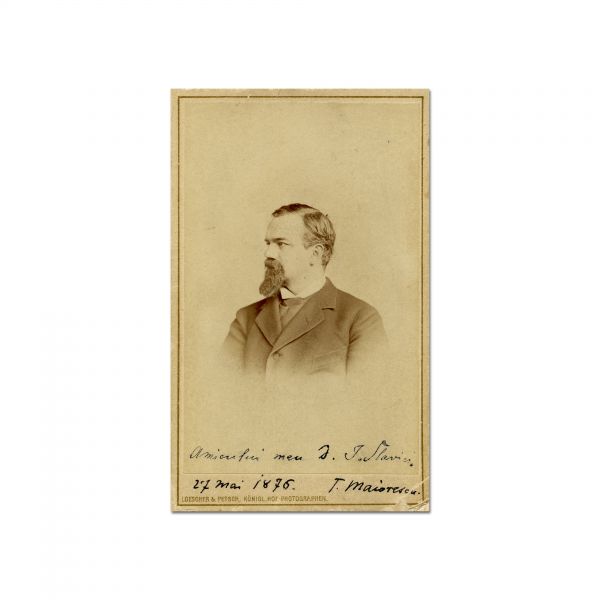 Titu Maiorescu, fotografie cu dedicație olografă către Ioan Slavici + carte de vizită cu însemnare olografă