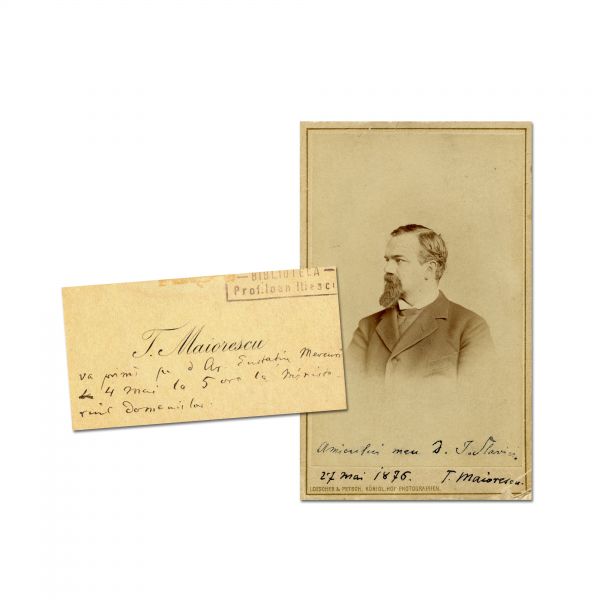 Titu Maiorescu, fotografie cu dedicație olografă către Ioan Slavici + carte de vizită cu însemnare olografă
