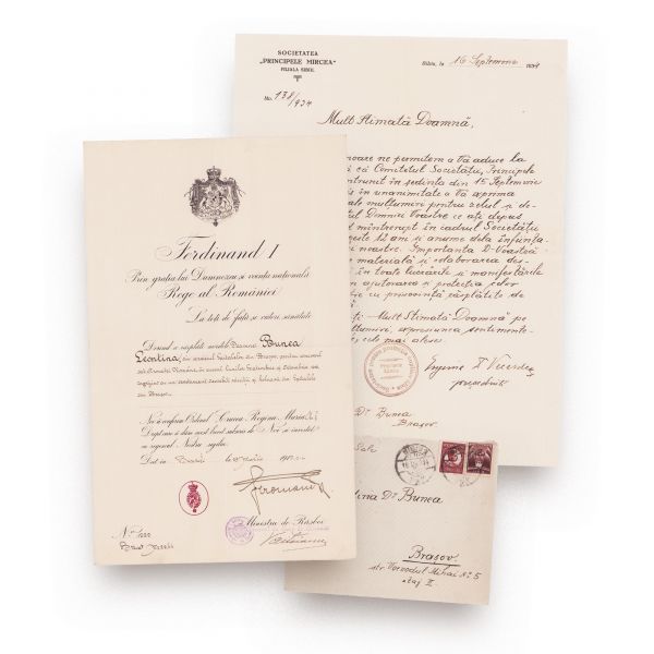 Leontina Dr. Bunea, scrisoare de mulțumire + brevet, 1919-1934 