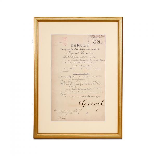 Brevet de numire în grad de Cavaler al Ordinului Coroana României, semnat olograf de Regele Carol I