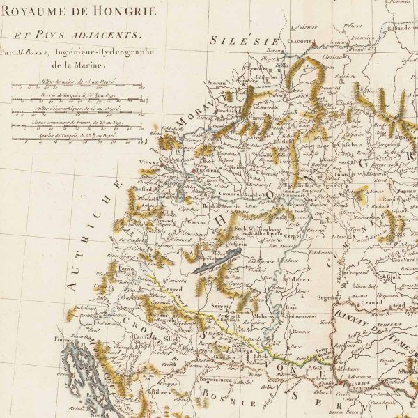 Rigobert Bonne, harta Regatului Ungariei și a țărilor adiacente, gravură colorată manual, 1787