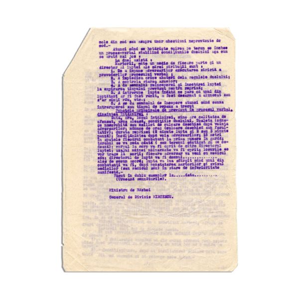 General Ludovic Mircescu, Instrucțiuni pentru rezolvarea „Chestiunilor de onoare”, document dactilografiat