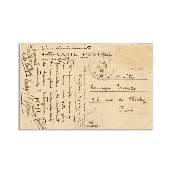 George Enescu, carte poștală din partea a 7 elevi ai săi, 1933