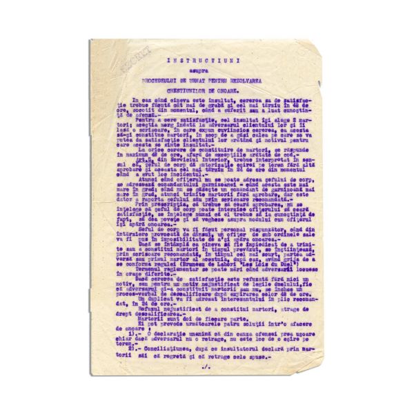 General Ludovic Mircescu, Instrucțiuni pentru rezolvarea „Chestiunilor de onoare”, document dactilografiat