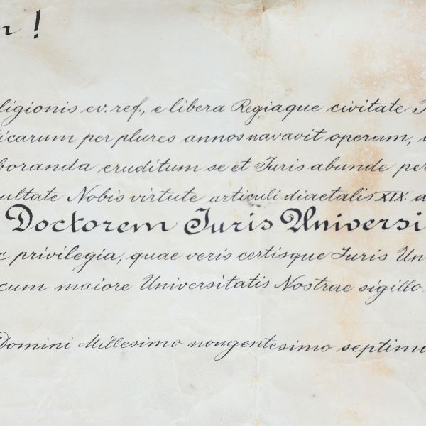 Diplomă de Doctor în Drept emisă de Universitatea Regală Maghiară „Franz Joseph” din Cluj, 1872