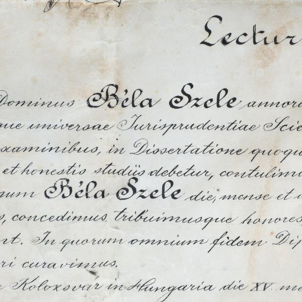 Diplomă de Doctor în Drept emisă de Universitatea Regală Maghiară „Franz Joseph” din Cluj, 1872