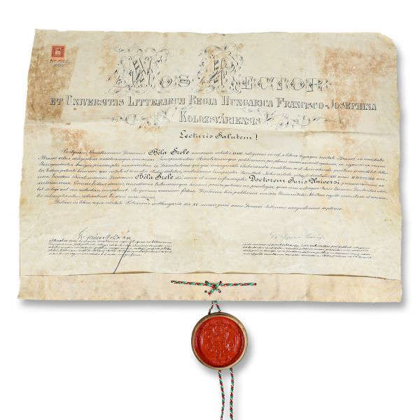 Diplomă de Doctor în Drept emisă de Universitatea Regală Maghiară „Franz Joseph” din Cluj, 1872