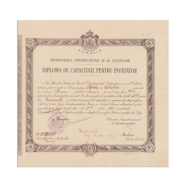 Sibila Natalia, diplomă de capacitate pentru învățător, 1907