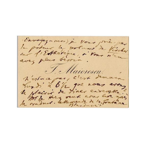 Titu Maiorescu, carte de vizită cu însemnare olografă către I. A. Cantacuzino