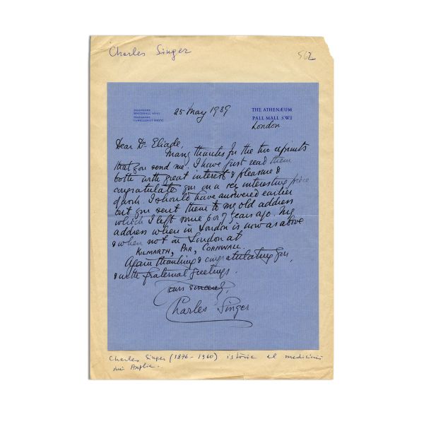 Charles Singer, scrisoare pentru Mircea Eliade, 25 mai 1939