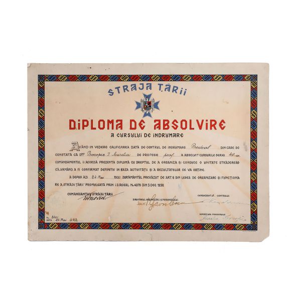 Straja Țării, diplomă de absolvire oferită Aureliei Pricopie, 24 mai 1939, semnată olograf de Teofil Sidorovici 