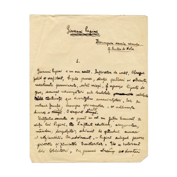 Mircea Eliade, manuscrisul unui eseu despre Giovanni Papini