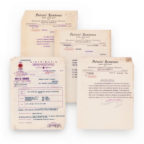„Distribuția” și „Petrolul”, cinci facturi și adeverințe emise pe numele avocatului P. P. Petrini, 1934-1943