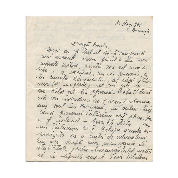 Vintilă Horia, scrisoare ologarfă către Radu Poroineanu, 30 August 1936