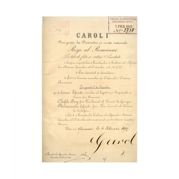 Brevet de numire în grad de Cavaler al Ordinului Coroana României, semnat olograf de Regele Carol I