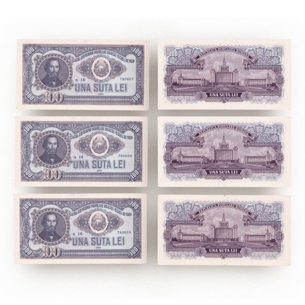 Trei bancnote în valoare de 100 lei din 1952, necirculate, serie consecutivă