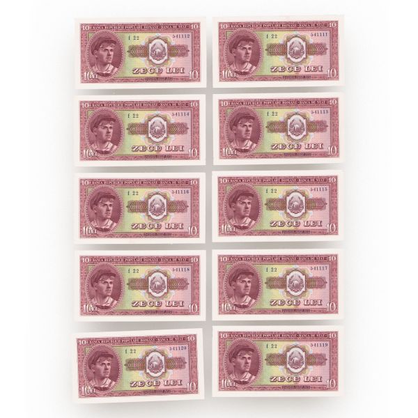 Zece bancnote în valoare de 10 lei din 1952, necirculate, serie consecutivă
