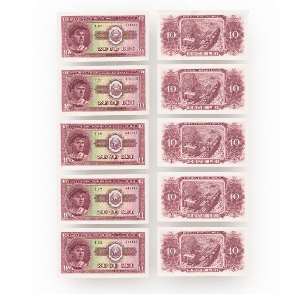 Zece bancnote în valoare de 10 lei din 1952, necirculate, serie consecutivă