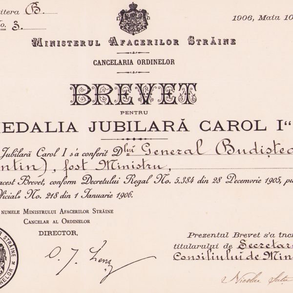 Gen. Constantin Budișteanu, brevetul ordinului „Medalia Jubiliară Carol I”, 1906