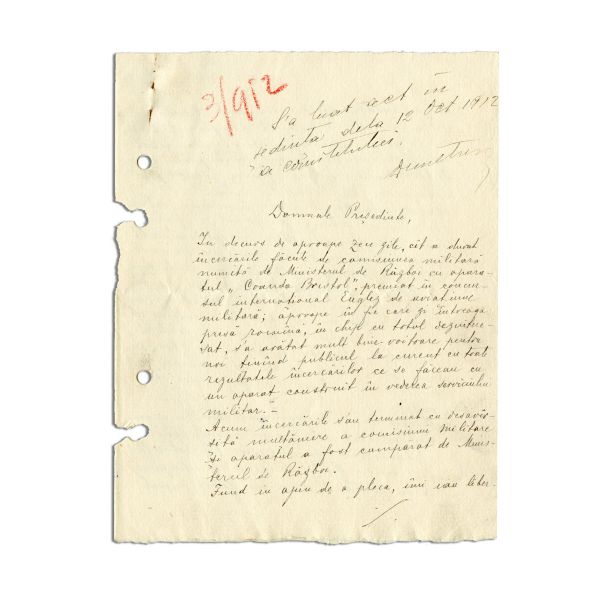 Henri Coandă, scrisoare olografă, 12 octombrie 1912 - Piesă rară