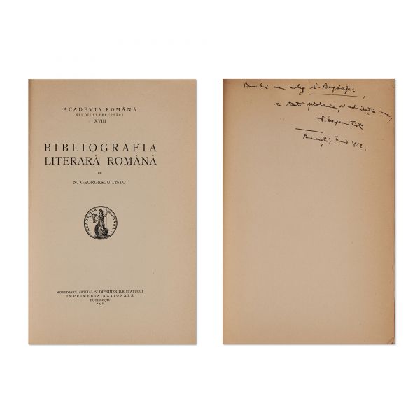 N. Georgescu-Tistu, Bibliografia literară română, 1932, cu dedicație pentru N. Bagdasar