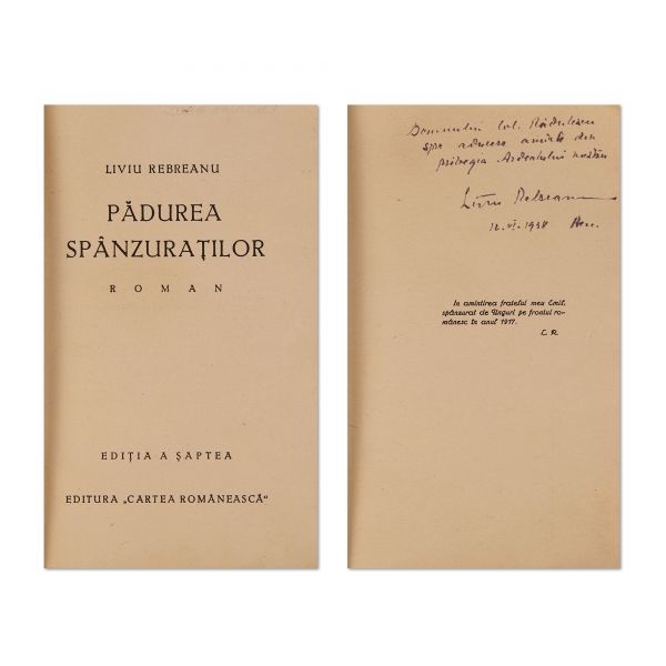 Liviu Rebreanu, Pădurea spânzuraților, 1938, cu dedicație pentru col. Rădulescu
