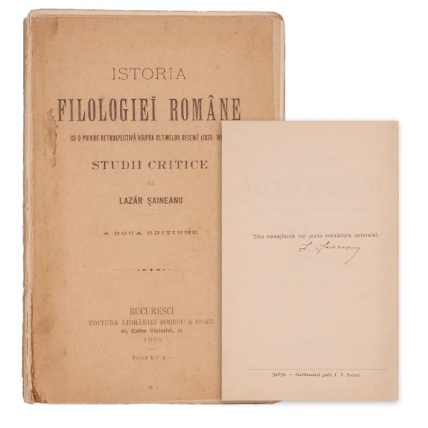 Lazăr Șăineanu, Istoria filologiei române, 1895, cu semnătură olografă de tiraj
