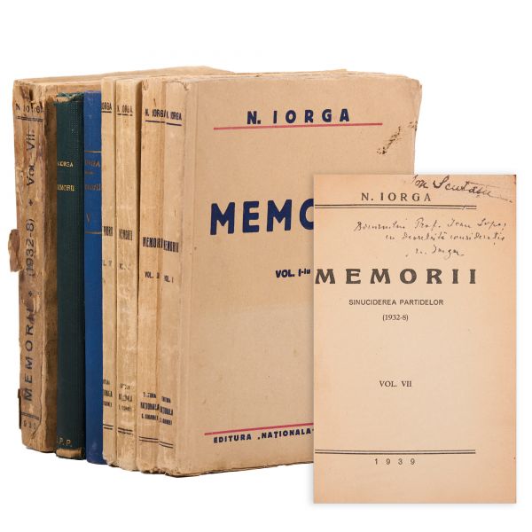 N. Iorga, Memorii, 7 volume, 1931 - 1939, cu dedicație pentru Ioan Lupaș