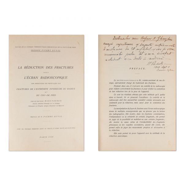Prof. Pierre Duval, La réduction des fractures sous l'écran radioscopique, 1928, cu dedicație 