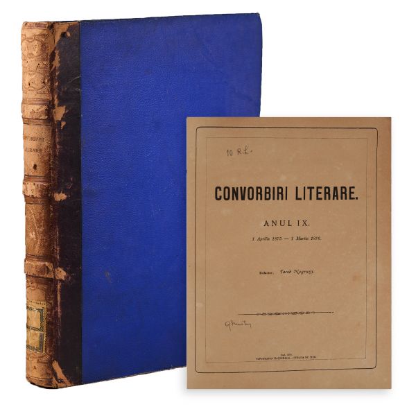 Publicația „Convorbiri Literare”, Anul IX, 1875-1876, cu „Punguța cu doi bani”, „Capra cu trei iezi” de I. Creangă, „Popa Tanda” de I. Slavici, cu ex-librisul lui Geo Dumitrescu