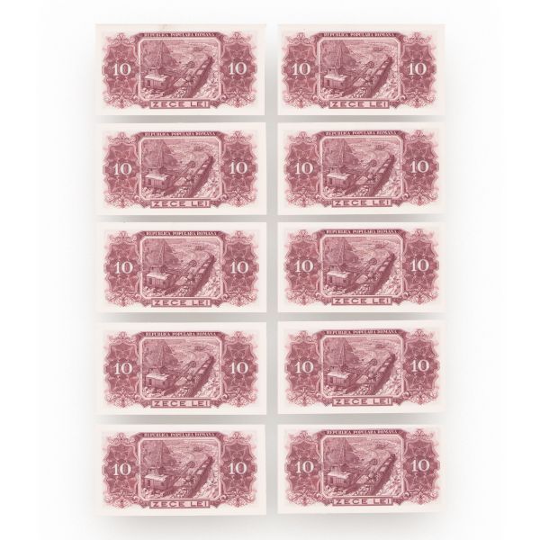 Zece bancnote în valoare de 10 lei din 1952, necirculate, serie consecutivă