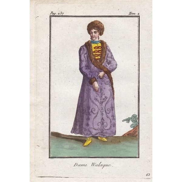 Boier și boieroaică din Valahia, două gravuri în cupru colorate manual, sec. XIX